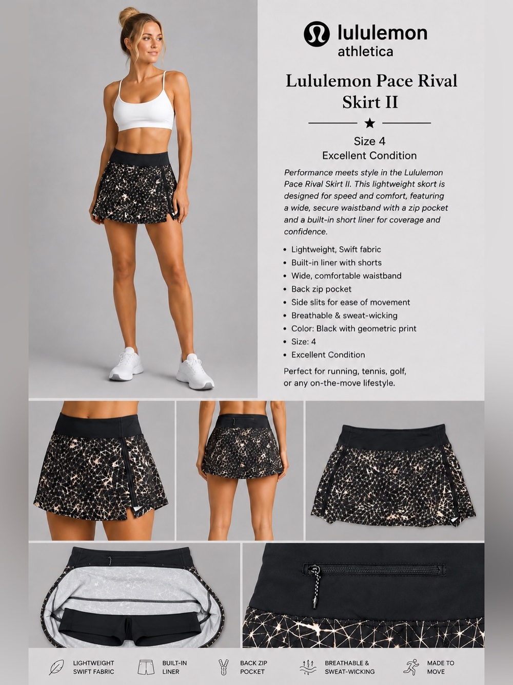 Lululemon Pace Rival Skirt II Black Geometric Print Skort Size 4
